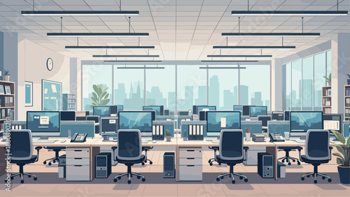 Modern open plan office interior with city view in flat style