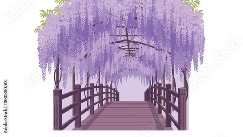 Scenic wooden bridge adorned with cascading purple wisteria flowers in bloom