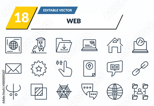 web icons set - world wide web on grid, newscaster, download file, news, multitasking man outline vector collection.