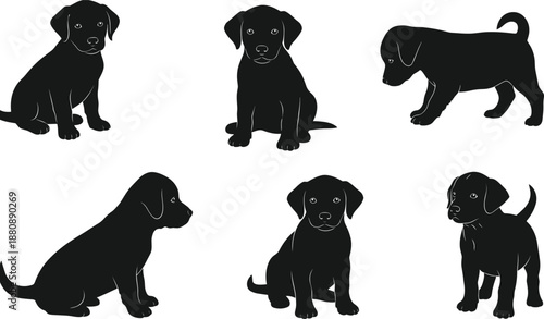 Set of Black Silhouette Puppy Poses Featuring Sitting, Standing, and Looking Dogs for Pet-Themed Vector Design