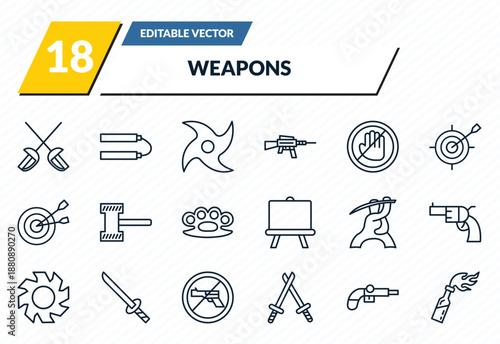 weapons icons set - sabre, japanese nunchaku, japanese shuriken, musket, molotov cocktail outline vector collection.