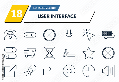 user interface icons set - telephone call, activated, wrong, hour, high volume outline vector collection.