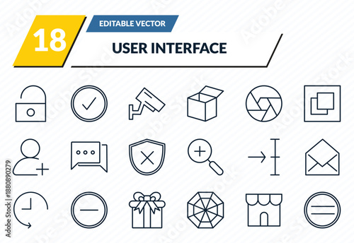 user interface icons set - unblocked, correct, vigilance, store, pause outline vector collection.