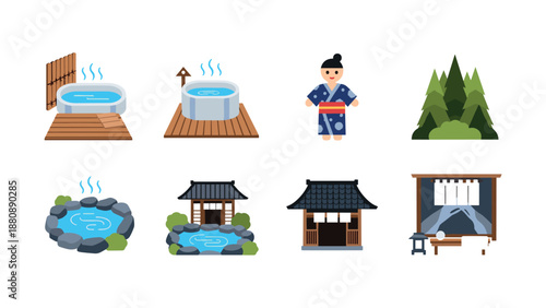 Japanese culture symbols set with onsen and kimono elements in flat design