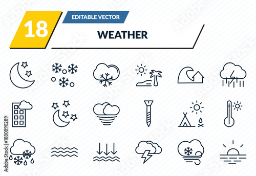 weather icons set - night, snowing, snow cloud, icy, sunshine outline vector collection.
