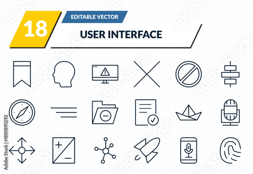 user interface icons set - bookmark, head, error page, voice recording, finger prints outline vector collection.