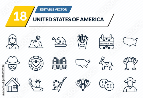united states of america icons set - indian, grand canyon, roasted turkey, cracker, george washington outline vector collection.