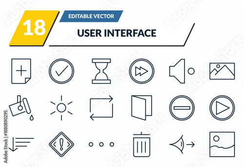 user interface icons set - new file, check square, waiting, look, gallery outline vector collection.