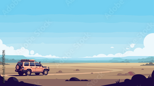 Scenic landscape with off-road vehicle in flat desert illustration