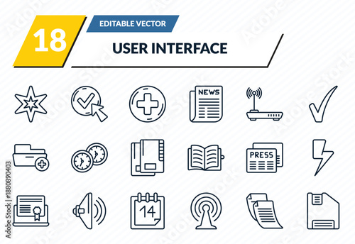 user interface icons set - pointed star, check box with cursor, round add button, written paper, floppy disk save button outline vector collection.