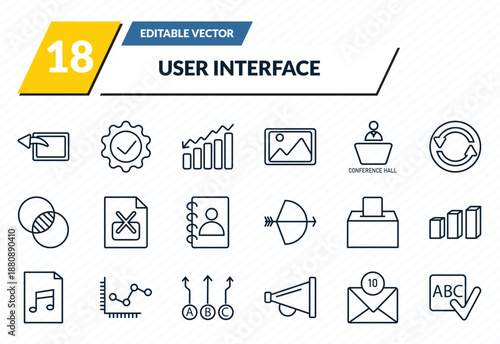 user interface icons set - window back button, right tings, decreasing bars chart, unread mail, spellcheck outline vector collection.