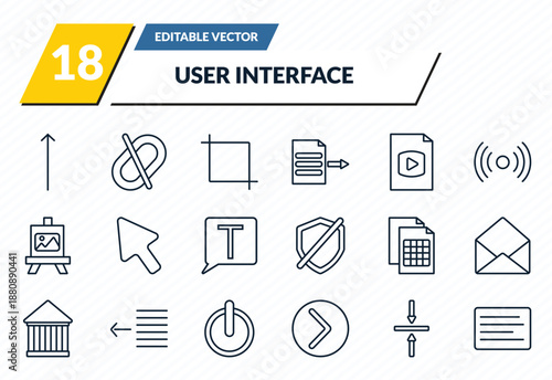 user interface icons set - slim up, disconnect, crop tool, vertical align, left side alignment outline vector collection.