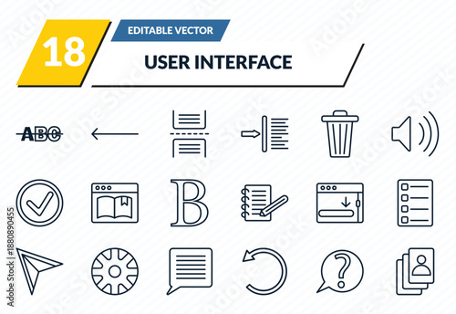 user interface icons set - strikethrough, slim left, page break, question button, accounts outline vector collection.