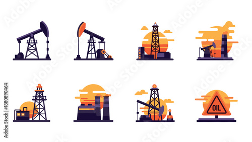 Flat oil industry icons: pumpjacks, refineries, and rig equipment