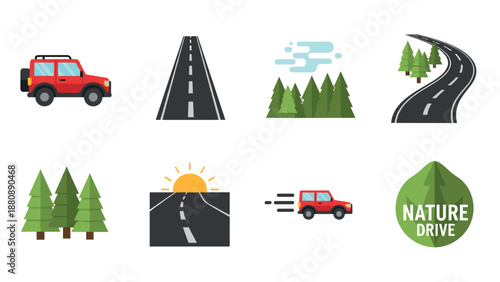 Road trip adventure icons collection featuring minimalist nature and vehicles