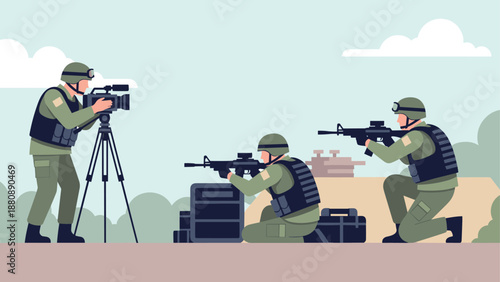 Military training scene with soldiers and cameraman capturing action