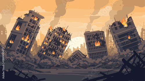 Apocalyptic cityscape with burning buildings in a dramatic post-apocalyptic scene