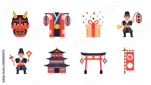Traditional japanese icons: masks, temples, and cultural symbols in flat design