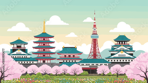 Scenic spring landscape of traditional japanese architecture and cherry blossoms