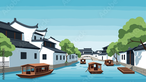 Traditional chinese water townscape with wooden boats on a tranquil canal