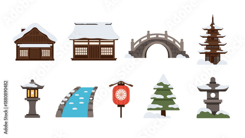 Traditional japanese winter icons: snow-covered architecture and nature elements