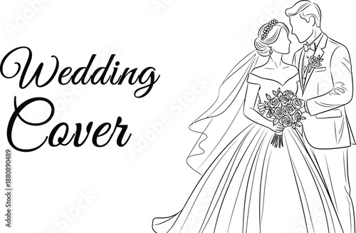 Elegant black and white line art illustration featuring a beautiful bride holding roses and a groom embracing lovingly perfect for a sophisticated wedding cover design.