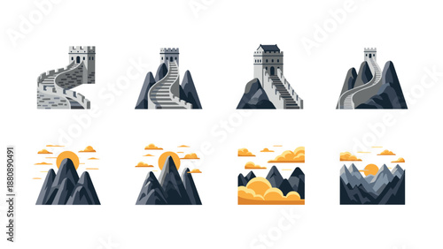 Icon set of the great wall and mountains with sun and clouds in flat style