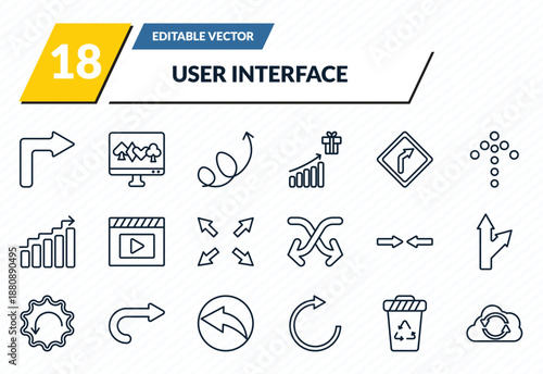 user interface icons set - right turn, online gambling, swirly arrow, recycling container, back up outline vector collection.