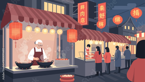Night market scene with lanterns and food stalls in flat design style