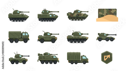 Modern military vehicle icons collection featuring tanks and armored trucks