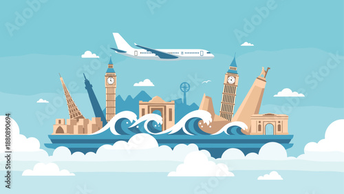 Travel destinations with iconic landmarks and airplane in flat style