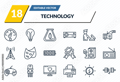 technology icons set - vehicle speedometer, bulb, biomass, sun energy, plugs outline vector collection.