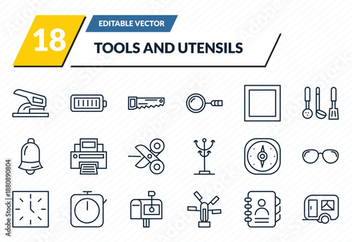 tools and utensils icons set - hole puncher, charged battery, carpentry, telephone agenda, house on wheels outline vector collection.