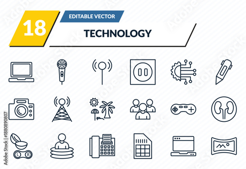 technology icons set - laptop frontal monitor, basic microphone, antenna, open laptop, panoramic outline vector collection.