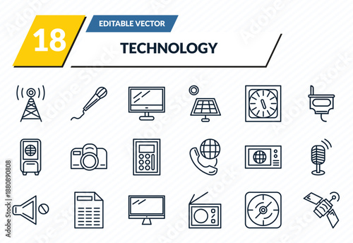 technology icons set - media, mic with long cable, computer screen linux, navigation compass, news via satellite outline vector collection.