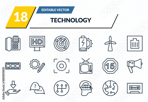 technology icons set - fax phone, hd monitor, radar sweep, transistor, caste tape outline vector collection.