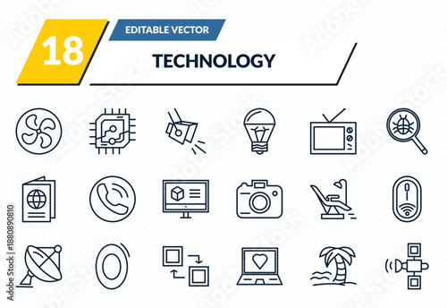technology icons set - ventilating fan, computer microprocessor, spotlights, holiday, space satellite outline vector collection.