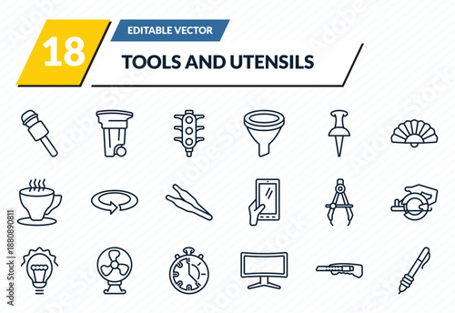 tools and utensils icons set - microphone voice tool, recycling can, semaphore lights, paper cutter, writing tools outline vector collection.