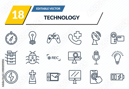 technology icons set - stopwatch running, light bulb turned off, antique gamepad, touchscreen, battery power outline vector collection.