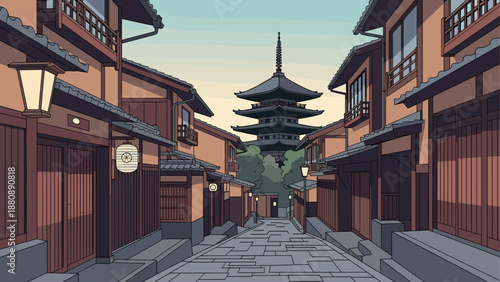Traditional japanese street with pagoda at sunset in flat style