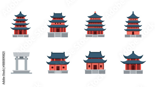 Flat style asian pagoda icons set for cultural and architectural themes