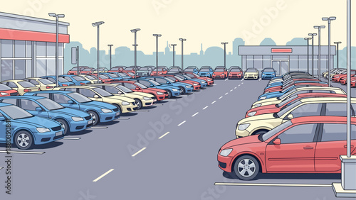 Urban car lot scene with rows of vehicles in a modern city setting