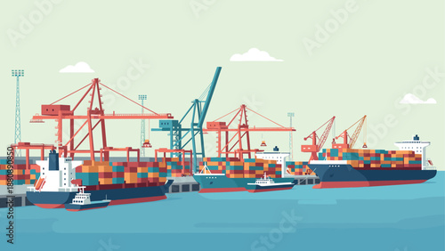 Colorful port with container ships and cranes at a busy industrial harbor