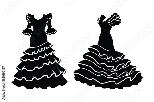 Elegant ruffled Spanish flamenco dress silhouettes for dance performance