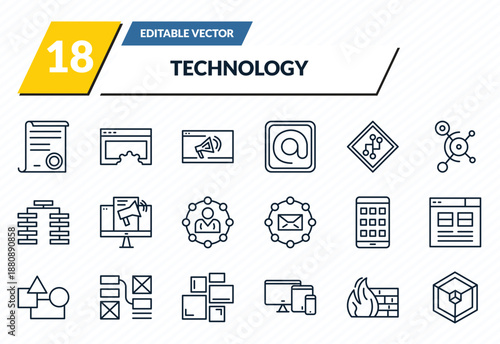 technology icons set - declarations, website optimization, marketing automation, firewalls, frameworks outline vector collection.