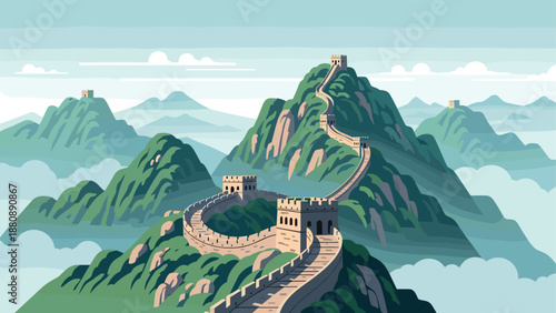 Great wall winding through misty mountains in serene landscape art