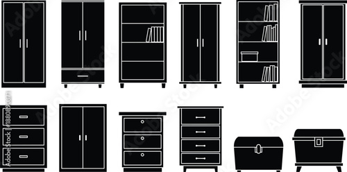 Black and White Silhouettes of Various Storage Furniture Including Wardrobes, Dressers, Cabinets, Bookcases and Chests
