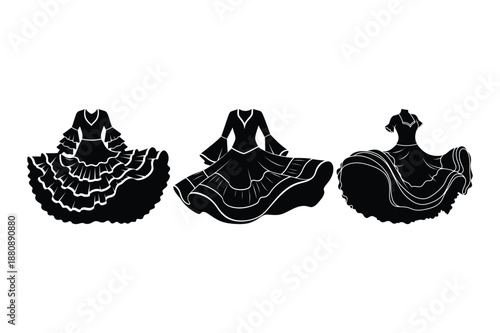 Set of three traditional ruffled flamenco dress silhouettes isolated