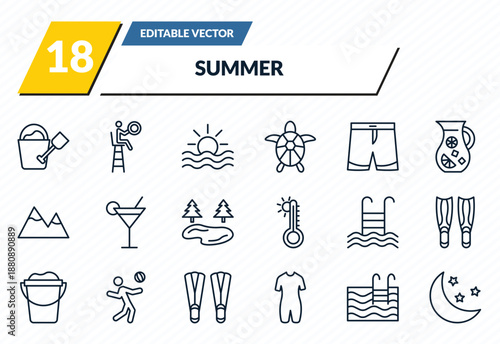 summer icons set - sand bucket and shovel, life guard, ocean, swimming pool, moon outline vector collection.