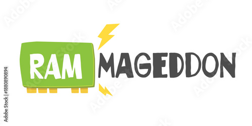 Memory shortage and chip crisis. RAMmageddon or RAM-mageddon logo. RAMmageddon term was used by analysts and gamers to describe periods of extreme shortages and skyrocketing prices for RAM and VRAM.